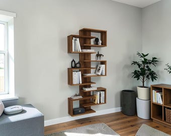 Estantería de pared de 6 niveles, hecha a mano en nogal.