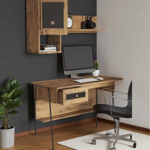 Puede incluir: Un escritorio de madera con ordenador, teclado y ratón. Una silla de oficina negra está frente al escritorio. Un armario y una estantería de pared contienen un reloj, una cámara y libros. Una planta en maceta está a la izquierda.