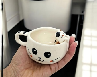 Handmade Ceramic Cat Mug | White 200ml Coffee & Tea Cup | Unique Cat Lover Gift