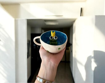 Handmade Frog Prince Mug, Ceramic Crowned Frog Coffee Cup, Whimsical Gift for Frog Lovers