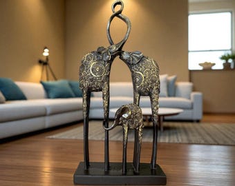 Handmade Elephant Family Figurine – 3-Piece Decorative Sculpture Set, 35x17 cm