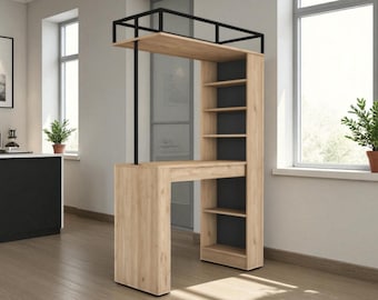 Handmade Bar Table with Shelves – Rustic Walnut Kitchen Island, Dining Table with Storage, 120x55x198 cm