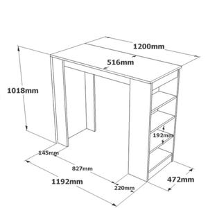 May include: A diagram of a wooden table with dimensions. The table is 1200mm (47.2 inches) long, 516mm (20.3 inches) wide, and 1018mm (40.1 inches) high. It has a shelf unit with four shelves, each 192mm (7.6 inches) apart.
