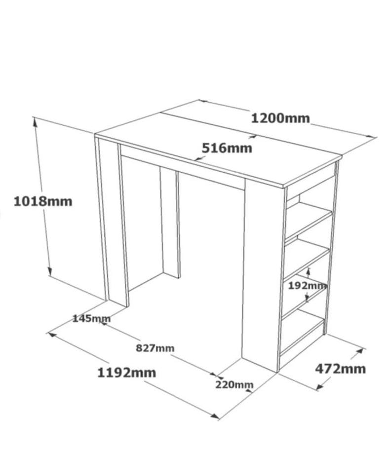 May include: A diagram of a wooden table with dimensions. The table is 1200mm (47.2 inches) long, 516mm (20.3 inches) wide, and 1018mm (40.1 inches) high. It has a shelf unit with four shelves, each 192mm (7.6 inches) apart.