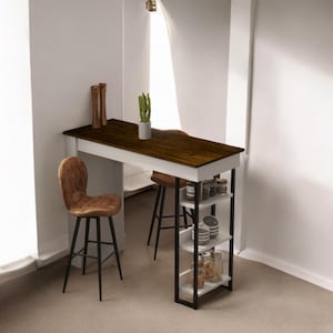 Handmade High Bar Table with Shelf | Kitchen Dining Table | Rustic Solid Wood Counter Table 120x50 cm (47.2x19.7 in)