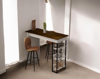 Handmade High Bar Table with Shelf | Kitchen Dining Table | Rustic Solid Wood Counter Table 120x50 cm (47.2x19.7 in)