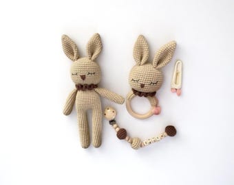 Handmade Baby Bunny Set – Amigurumi Lovey, Rattle & Pacifier Clip for Newborns