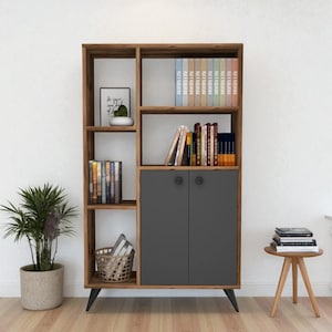 Handmade Double Door Decorative Bookshelf – Walnut & Anthracite Wooden Storage Cabinet 136x80x25 cm (53.5x31.5x9.8 in)