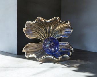 Peça decorativa de vidro de ostra de pérola feita à mão – ornamento elegante de 14 x 20 cm