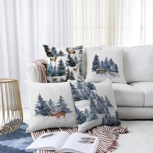 Set di 4 federe per cuscini con renna e pino fatte a mano – Decorazione natalizia 43 x 43 cm (17 x 17 pollici)