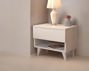 Handmade White Nightstand | Bedside Table with Drawer & Open Shelf | Modern Bedroom Furniture with Legs