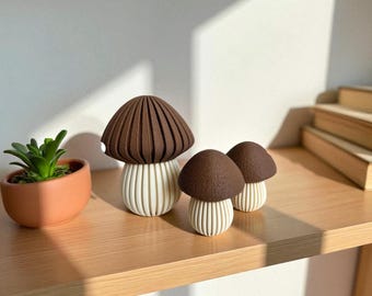 Handmade 3D Printed Mushroom Figurine Set – 3-Piece Decorative Shelf Ornament – Whimsical Forest Decor