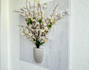 Handmade 3D Sakura Blossom Wall Art – Embossed White Cherry Flower Decor – Textured Square Floral Wall Panel (49x49 cm / 19.3x19.3 in)