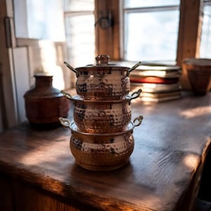 Handgjord 3-delad grytset i koppar – Traditionellt turkiskt köksredskap