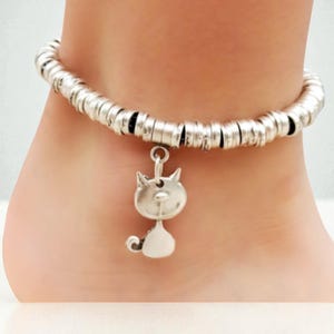 Adjustable Cat Anklet for Women – Silver Plated Handmade Cat Charm Anklet