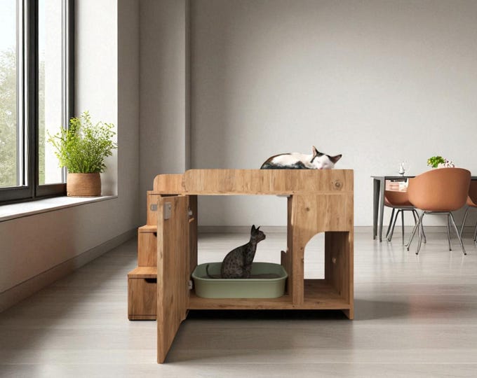 Handmade Wooden Cat Litter Box & Bed – Bunk Style with Locking Lid, 105x45x70cm