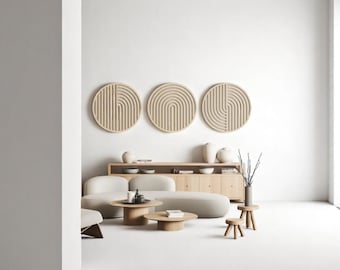 Handmade Boho Abstract Wooden Wall Art – Set of 3 Round Panels (20x20 cm | 7.9")