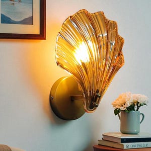 Handmade Amber Shell Wall Sconce – Glass Oyster Light for Bedroom, Living Room, Entryway