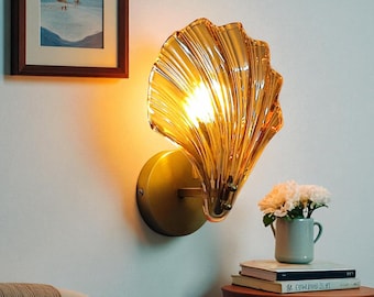Handmade Amber Shell Wall Sconce – Glass Oyster Light for Bedroom, Living Room, Entryway