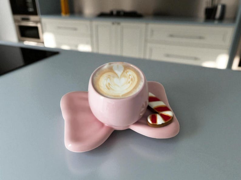May include: A pink ceramic coffee cup with a heart-shaped latte art design, resting on a matching bow-shaped saucer. A candy cane cookie sits beside the cup. The items are on a gray surface.