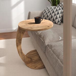 Handmade C-Shaped Sofa Side Table with Wheels – Rustic Wooden Accent Table