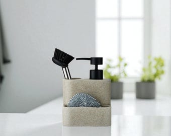 Dispensador de jabón artesanal con esponja y cepillo: organizador para fregadero de cocina y baño.