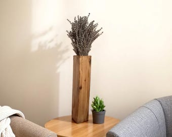 Handmade Wooden Vase with Pampas – Tall Decorative Faux Flower Vase – Rustic Natural Home Decor (49 cm / 19.3 in)