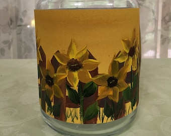 Jar, Candle, or Vase  Wrap, hand painted, Sunflowers growing next to a wood fence, Yellow/gold background, 3.5" x 13" wrap