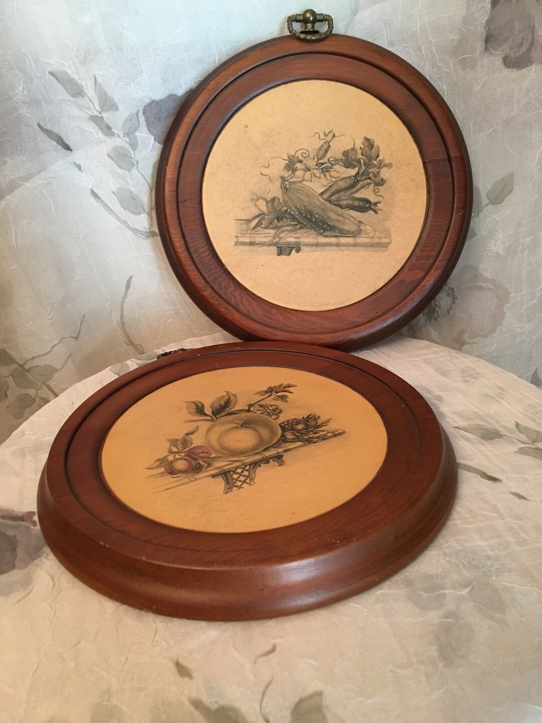 Vintage Fruit and Vegetable Wall Hanging on Round Dark Wood Etsy