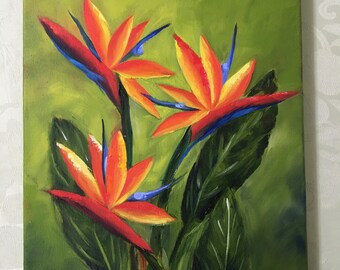 Bird of Paradise, original oil painting on wrapped gallery canvas, 12"x9"x1/2", no frame needed