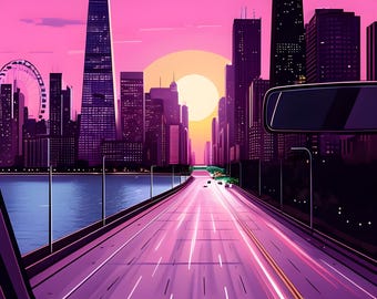 Synthwave Pixel Art of Futuristic Chicago Skyline | Neon Cityscape Digital Art | Retro Car Interior with Sunset | Digital Download