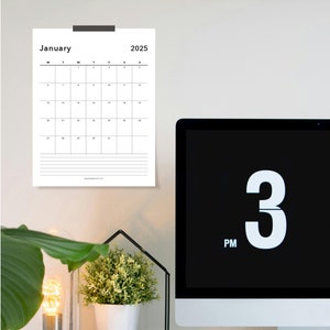 Calendario imprimible y planificador mensual 2025: descarga digital en formato A4/carta, resumen del mes, inicio en domingo y lunes