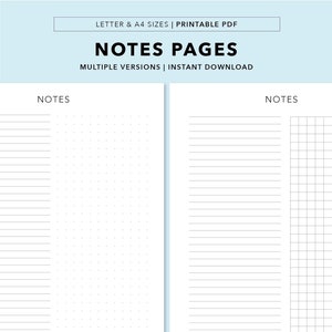 May include: Printable notes pages in letter and A4 sizes. The pages include lined, dotted, and grid paper.