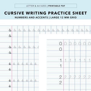 Hoja de práctica de escritura cursiva: números y acentos, papel rayado francés, cuadrícula grande de 12 mm (imprimible).