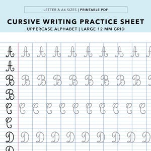 Uppercase Cursive Handwriting Practice Sheet, French ruled paper, Large 12MM grid (Printable)