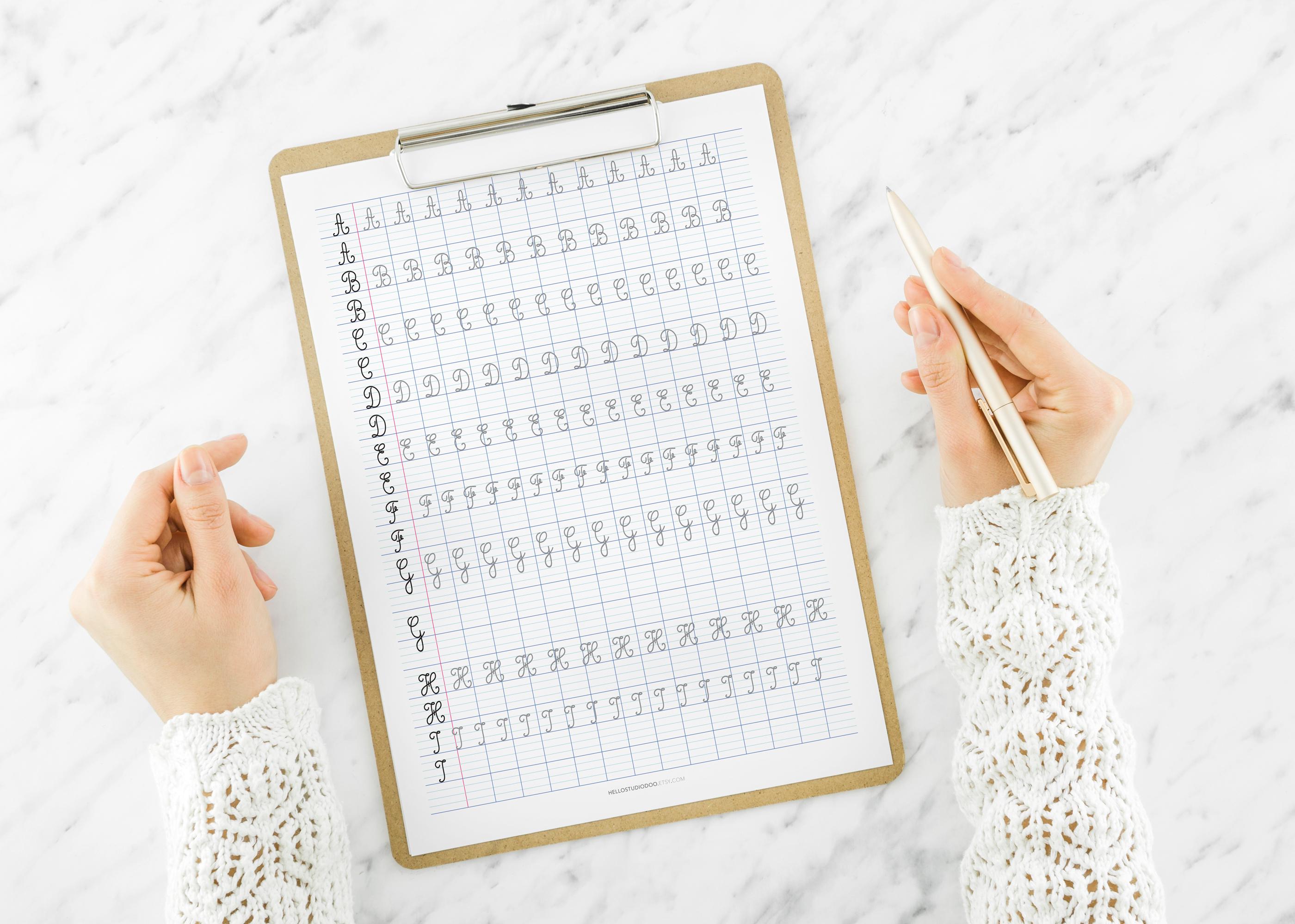 Cursive Writing Practice Sheet: Uppercase Alphabet, French Ruled Paper ...