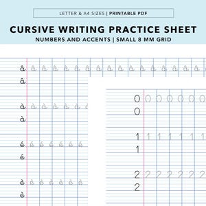 筆記体練習シート：数字とアクセント、フランス罫線紙、小 8 MM グリッド（PDF）