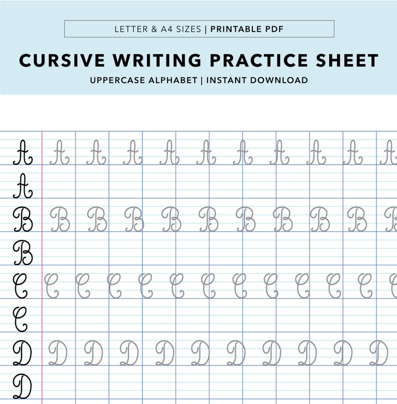 Cursive Writing Practice Sheet: Uppercase Alphabet, French Ruled Paper ...