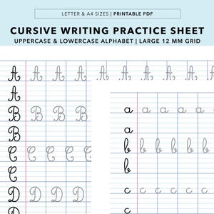Cursive Handwriting Practice Sheet, Alphabet tracing Uppercase & Lowercase, Large 12MM grid (Printable)