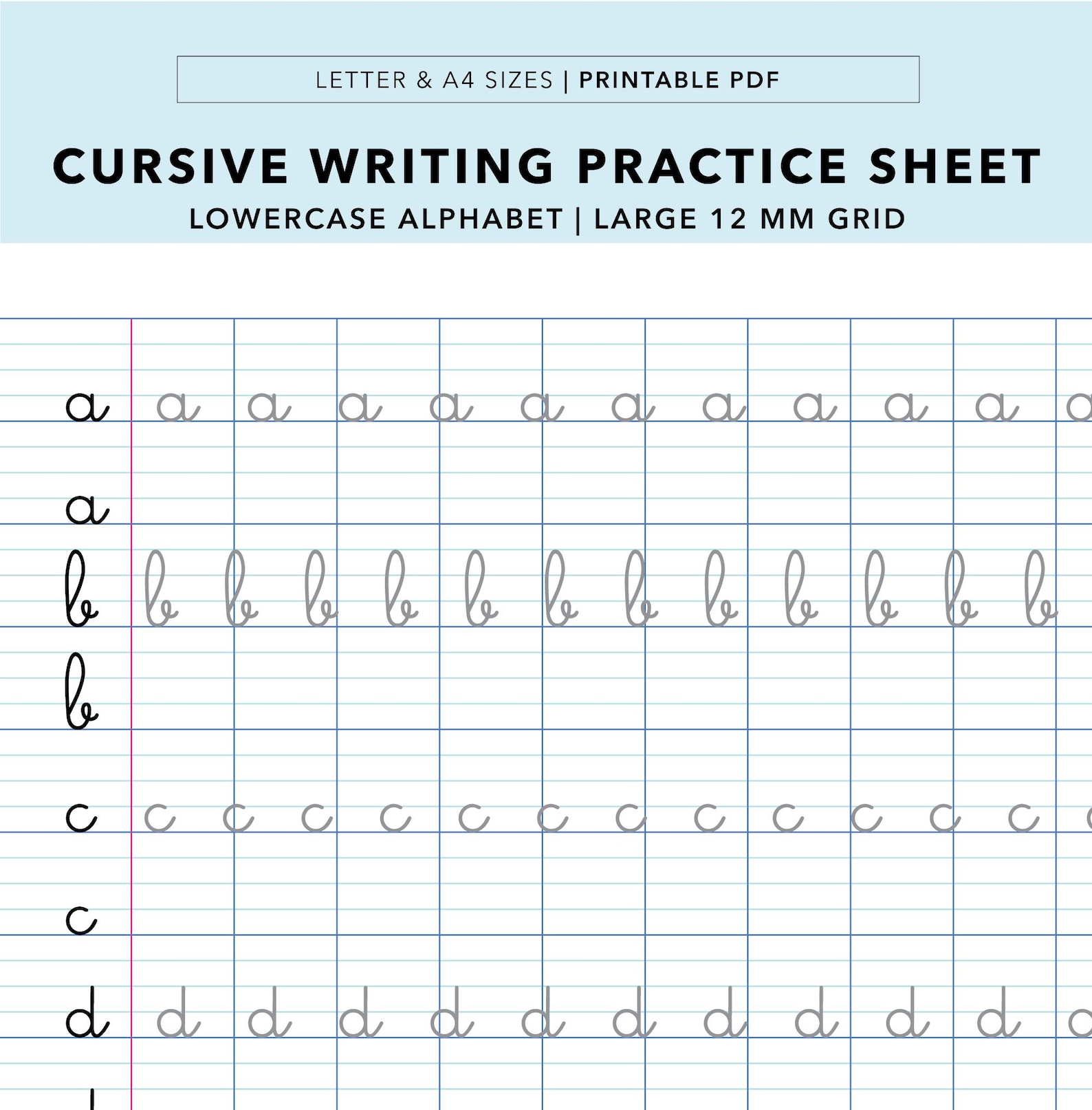 Cursive Handwriting Practice Sheet: Lowercase Alphabet, Large 12MM Grid ...