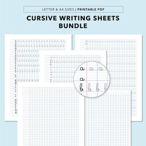 May include: A bundle of printable cursive writing sheets in Letter and A4 sizes. The pages feature rows of practice letters, numbers, and grid patterns. A circular inset shows a magnified view of the lowercase letters a and b on lined paper.