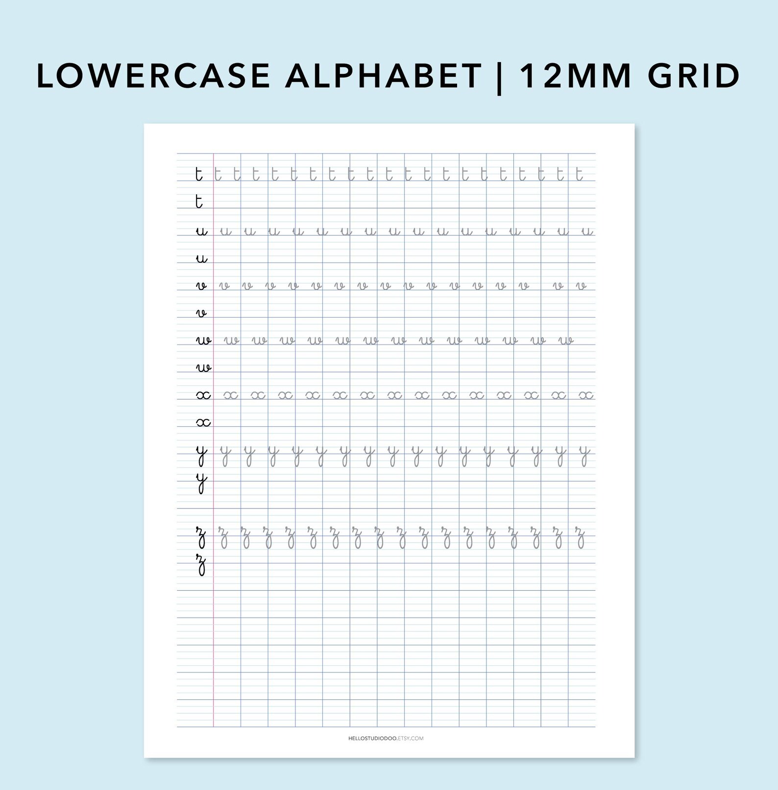 Cursive Handwriting Practice Sheet: Lowercase Alphabet, Large 12MM Grid ...