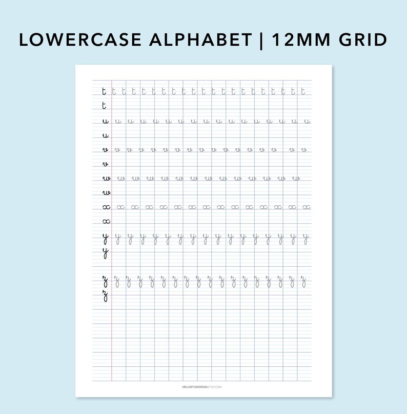 Cursive Handwriting Practice Sheet: Lowercase Alphabet, Large 12MM Grid ...