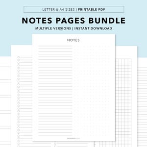 Peut inclure: Ensemble de pages de notes imprimables en format lettre et A4. Comprend des styles de papier ligné, pointillé et quadrillé. Téléchargement instantané.
