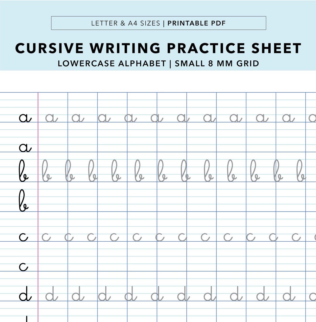 Cursive Writing Practice Sheet: Lowercase Alphabet, French Ruled Paper ...