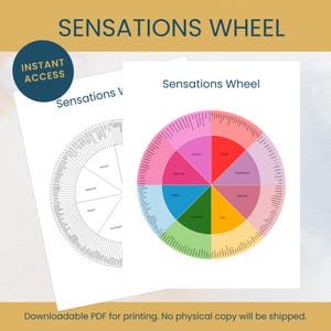 May include: Two white paper prints. One features a detailed circular diagram labeled "Sensations Wheel" with color-coded sections and text. The other print is a black and white version of the same diagram. The words "Sensations Wheel" and "Instant Access" are also visible.