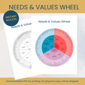 May include: A printable needs and values wheel with a colorful wheel chart and a blank wheel chart. The text "Needs & Values Wheel" is at the top of the page. The text "Instant Access" is in a circle at the top left corner of the page. The text "Downloadable PDF for printing. No physical copy will be shipped." is at the bottom of the page.