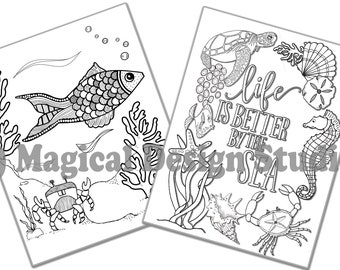 By The Sea - Print & Color Your Own Cards - 12 Designs from Original Artwork-DOUBLE image/sheet-2 cards/page-Blank Inside-Adult Coloring