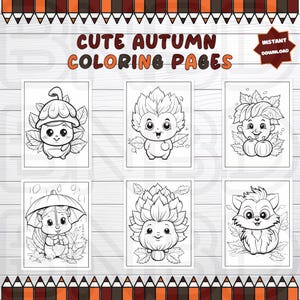 35 Cute Autumn Coloring Pages, Fall Coloring, Chibi and Kawaii Animals, Seasonal Coloring, Kids Easy Coloring Pages, Fall Printables