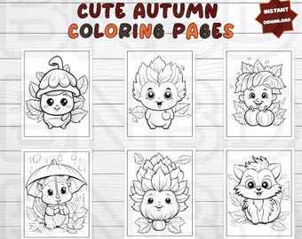 35 Cute Autumn Coloring Pages, Fall Coloring, Chibi and Kawaii Animals, Seasonal Coloring, Kids Easy Coloring Pages, Fall Printables